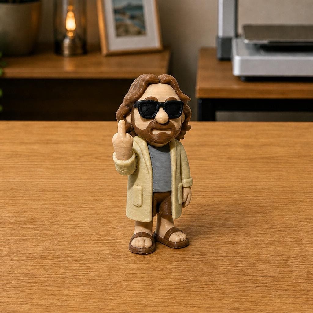 Funny bearded man figurine wearing black sunglasses, a beige cardigan, shorts and sandals, shown making a cheeky raised middle-finger gesture.