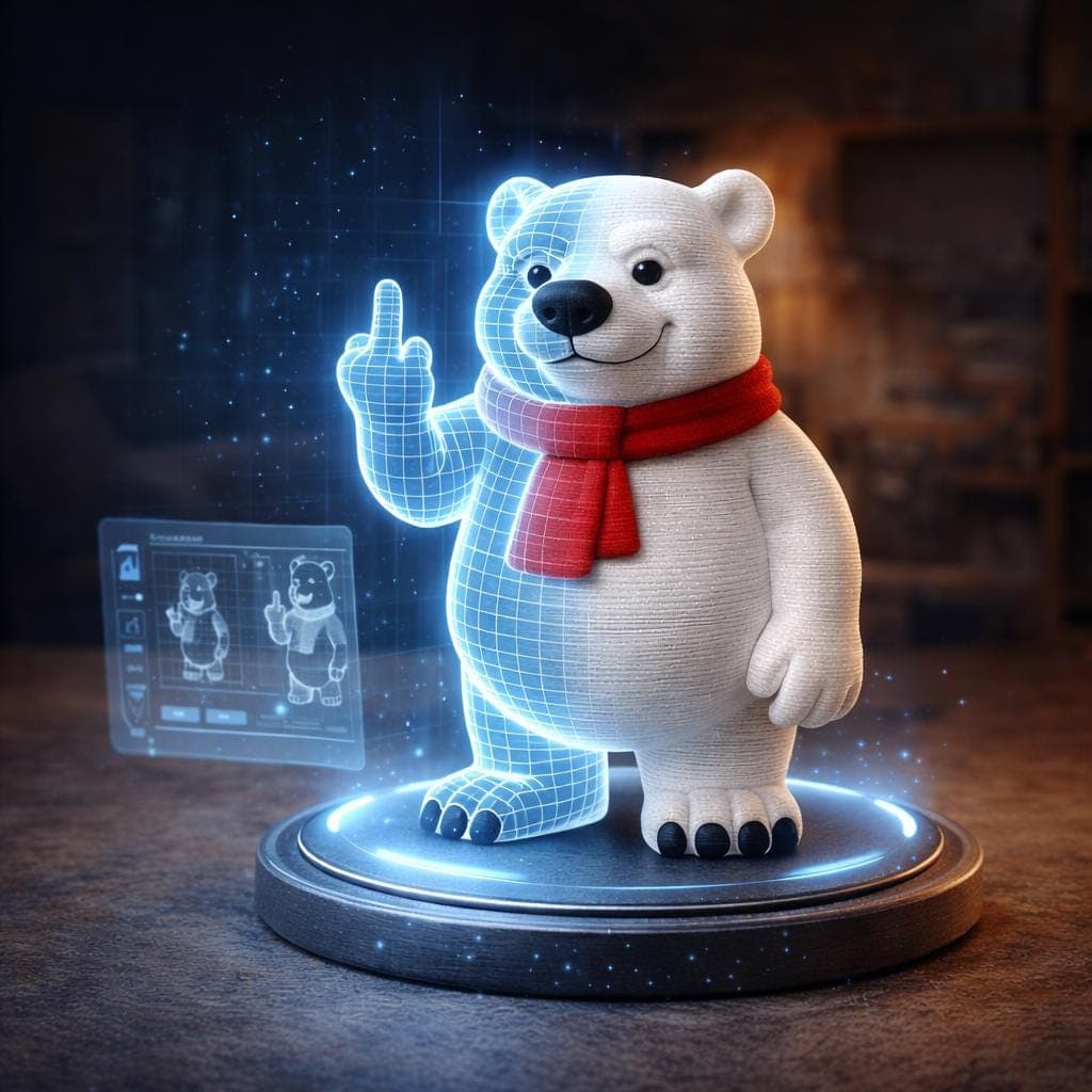 Polar bear figurine with a red scarf and raised middle finger, shown transforming from a glowing blue digital model into a finished white character.