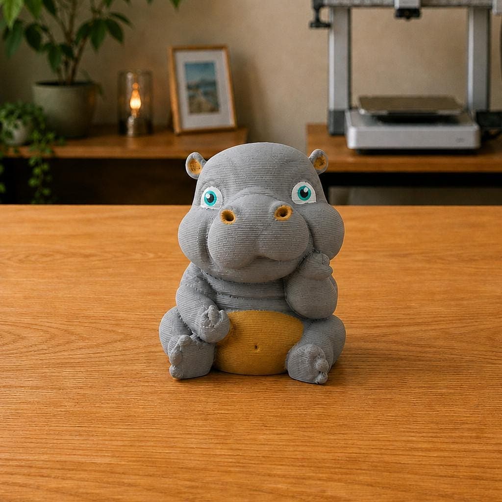 Cute seated grey hippopotamus figurine with bright blue eyes, a rounded snout and tan belly, shown from the front with its hands resting together.