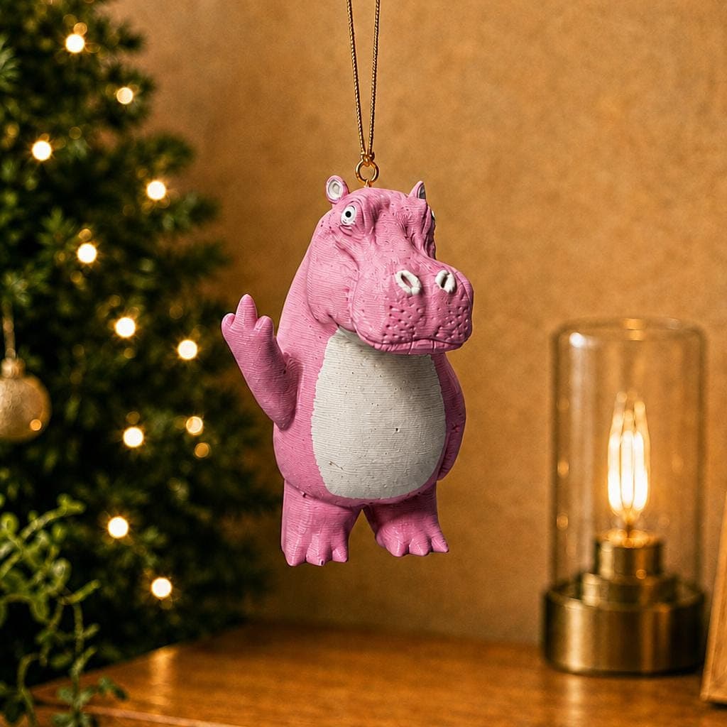 Funny pink hippopotamus Christmas ornament hanging beside a decorated tree and warm lamp, with a pale belly and raised middle-finger gesture.