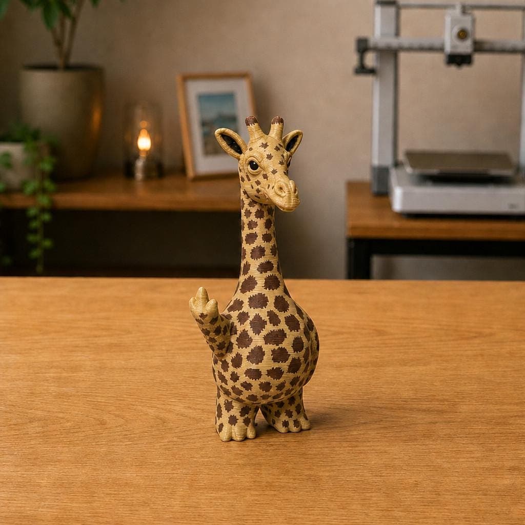 Funny giraffe figurine with a long neck, yellow coat and dark brown spots, shown from the front making a cheeky raised middle-finger gesture.