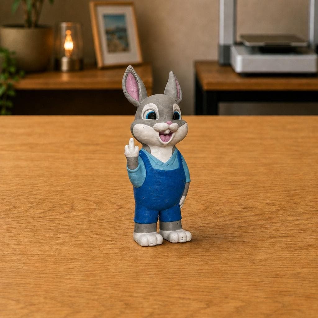 Funny grey rabbit figurine with tall pink-lined ears, wearing blue overalls and making a cheeky raised middle-finger gesture.