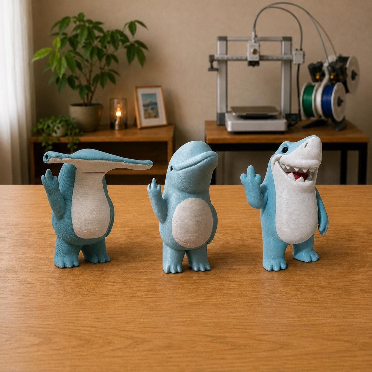 Funny ocean animal figurine set featuring a hammerhead shark, whale and great white shark, displayed together with matching raised middle-finger gestures.