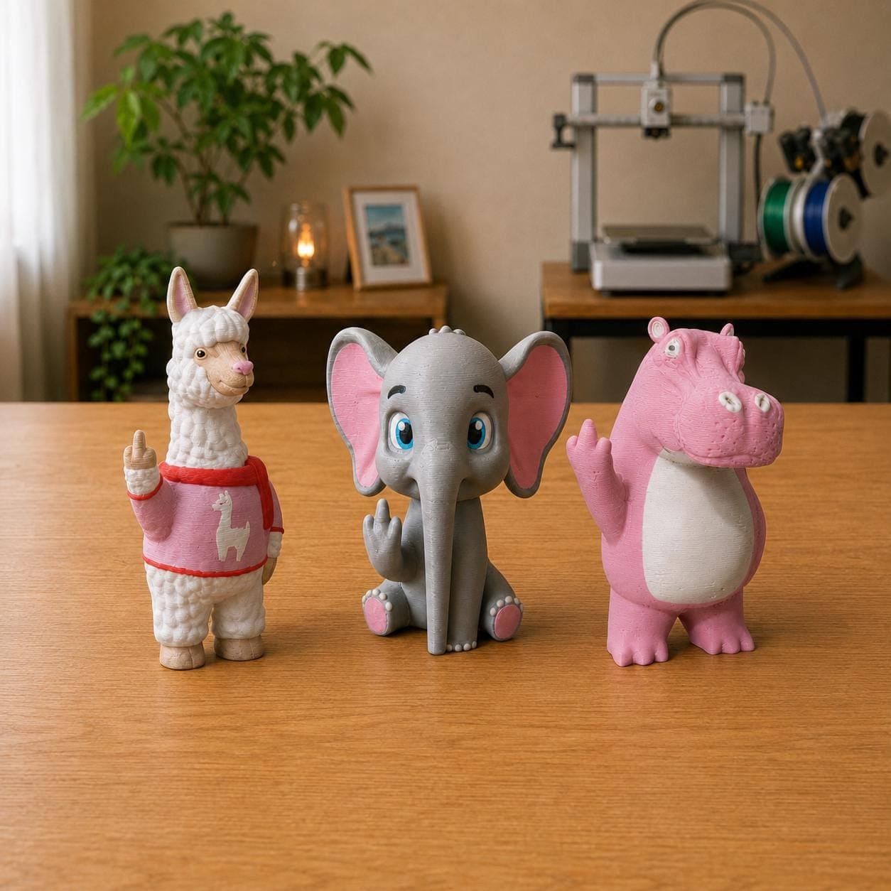 Funny animal figurine set featuring a sweater-wearing llama, seated elephant and pink hippo, displayed together with cheeky raised middle-finger gestures.