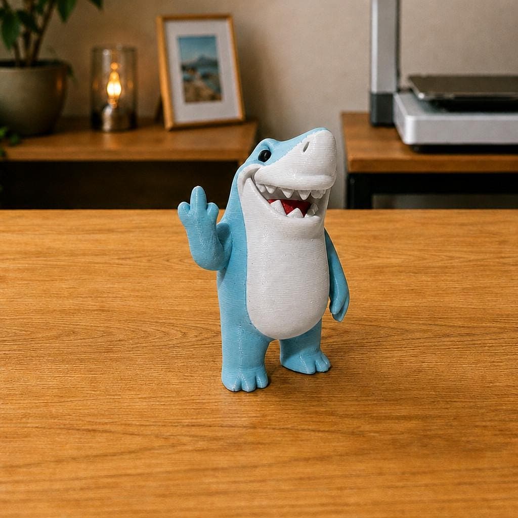 Funny blue shark figurine with a white belly, pointed snout and open toothy mouth, shown from the front making a cheeky raised middle-finger gesture.