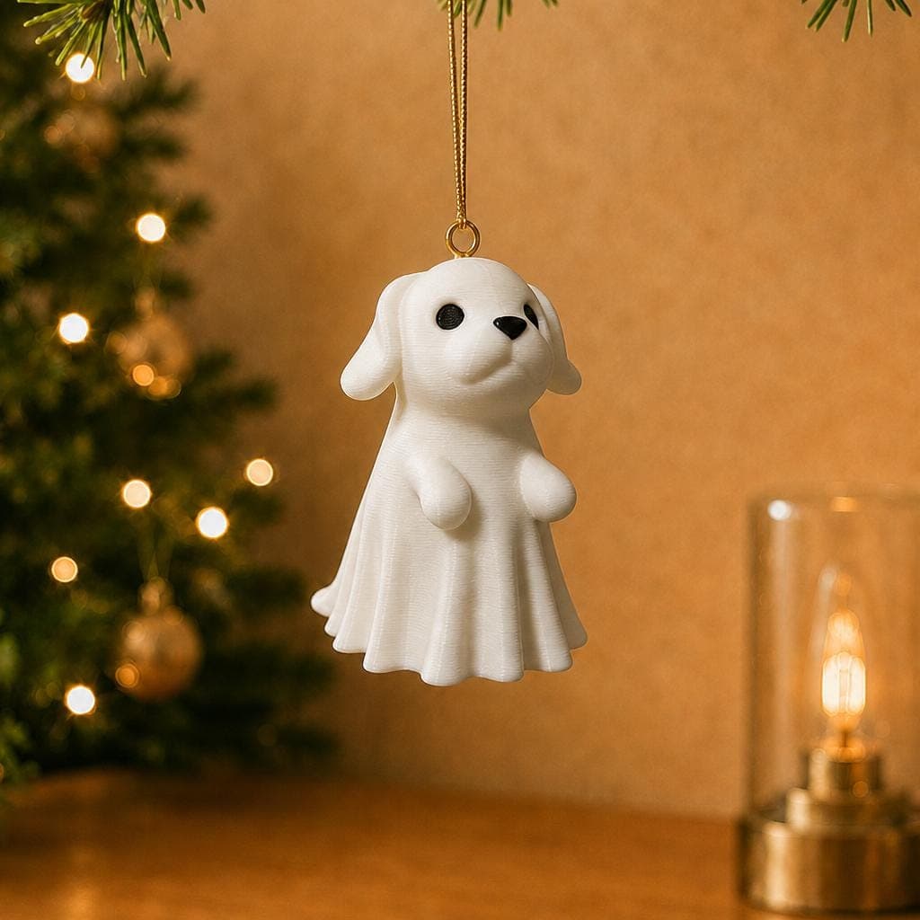 Cute ghost dog ornament hanging beside a decorated Christmas tree and warm lamp, with floppy ears, black eyes and a flowing white sheet body.