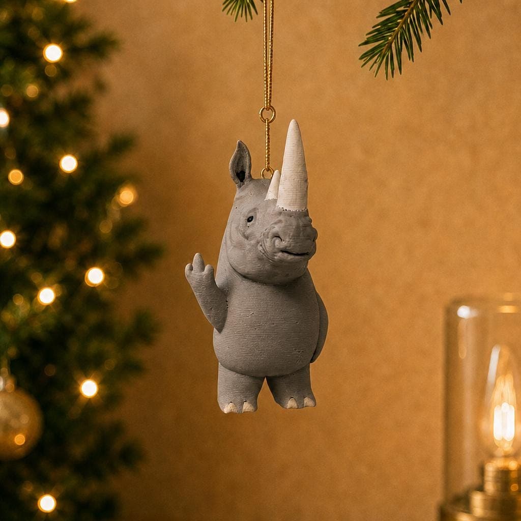 Funny grey rhinoceros Christmas ornament hanging beside a decorated tree, with two facial horns and a raised middle-finger gesture.