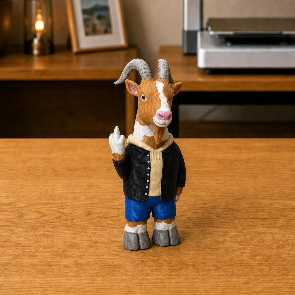 Funny goat figurine with curved grey horns, wearing a black jacket and blue shorts while making a cheeky raised middle-finger gesture.