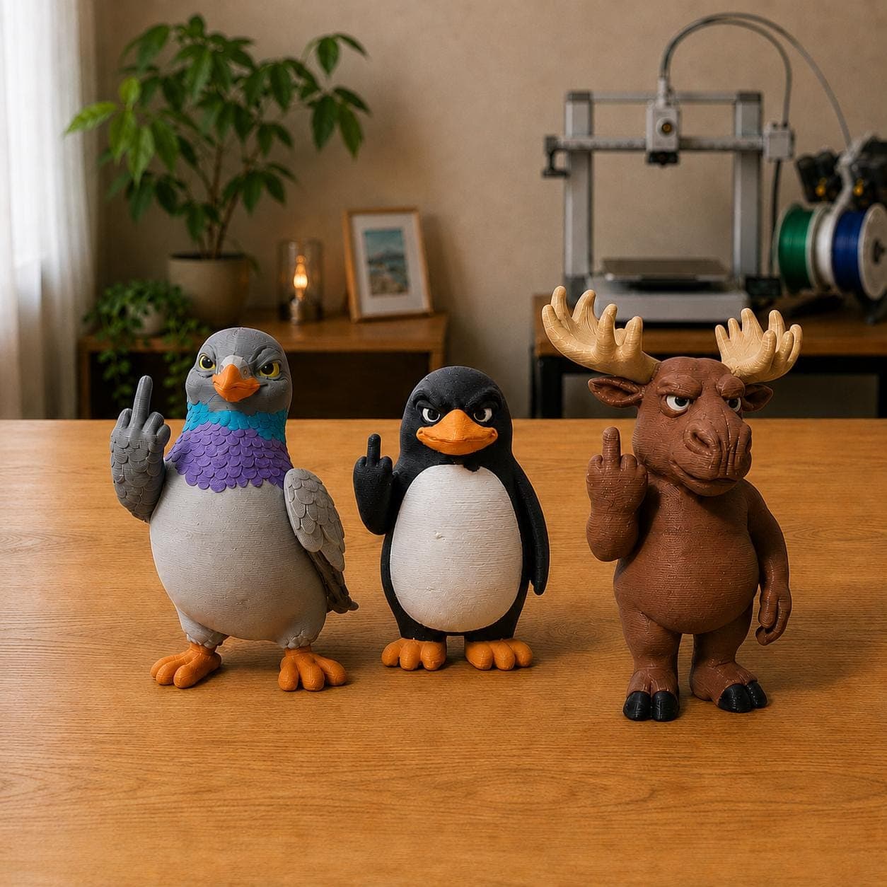 Funny animal figurine set featuring a colorful pigeon, black and white penguin and brown moose, displayed together with raised middle-finger gestures.