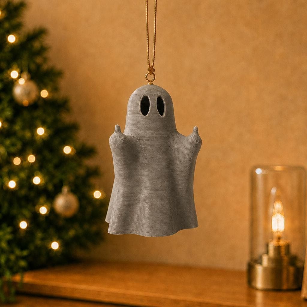 Funny white ghost Christmas ornament hanging beside a decorated tree and warm lamp, with black oval eyes and two raised middle fingers.