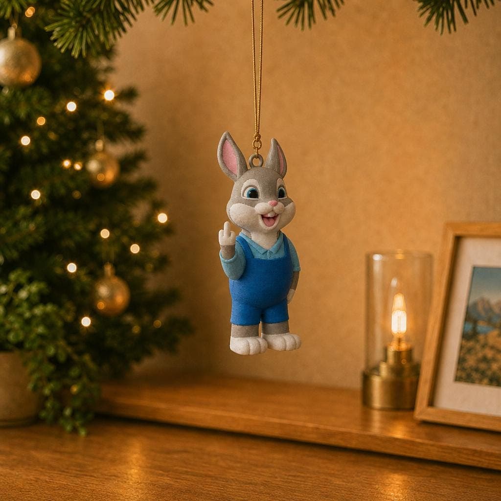 Funny grey rabbit ornament hanging beside a decorated Christmas tree and warm lamp, wearing blue overalls and raising its middle finger.