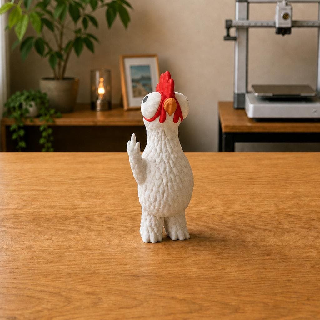Funny white chicken figurine with bulging cartoon eyes, a red comb and textured feathers, shown from the side making a raised middle-finger gesture.