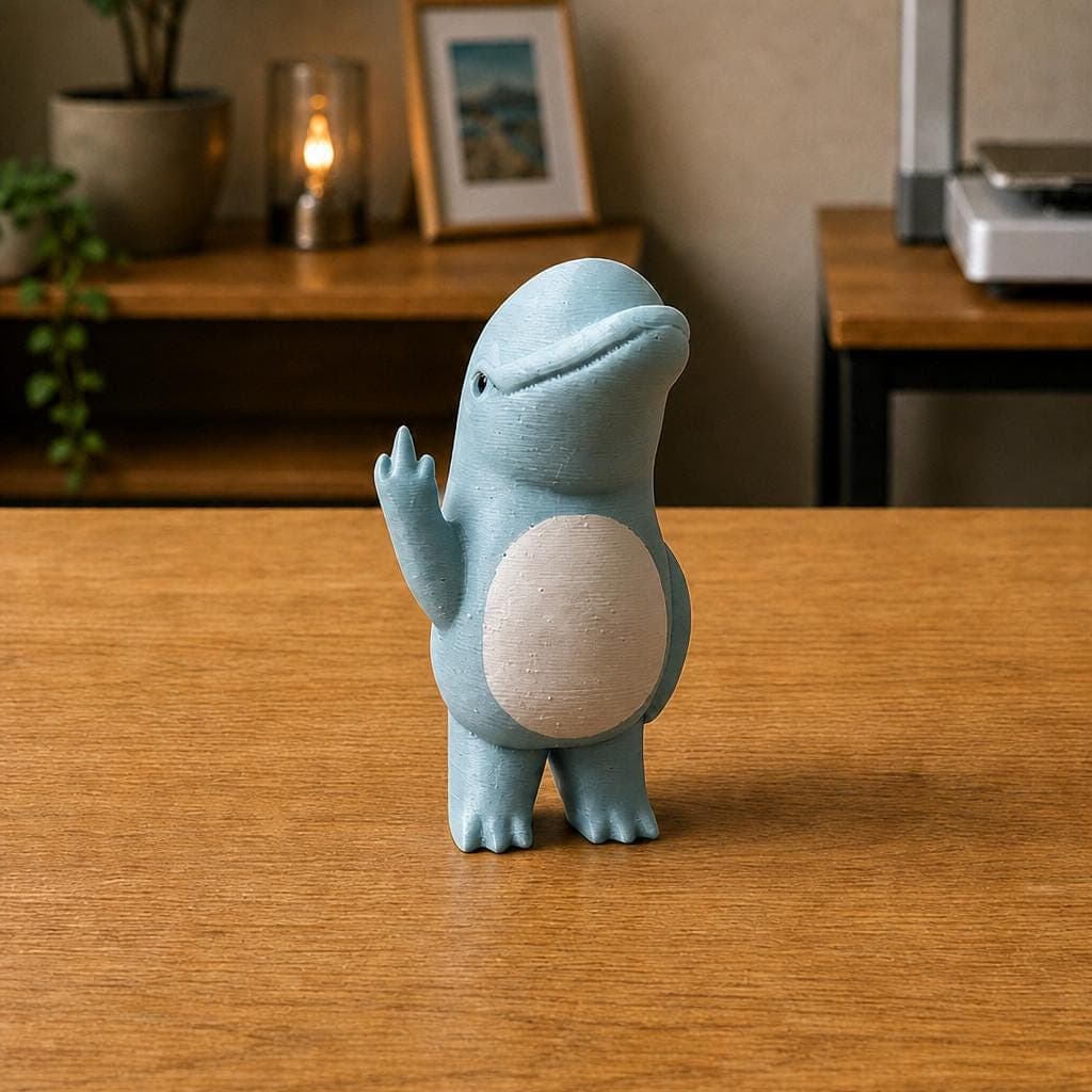 Funny blue whale figurine with a rounded head and oval white belly, shown upright from the front making a raised middle-finger gesture.