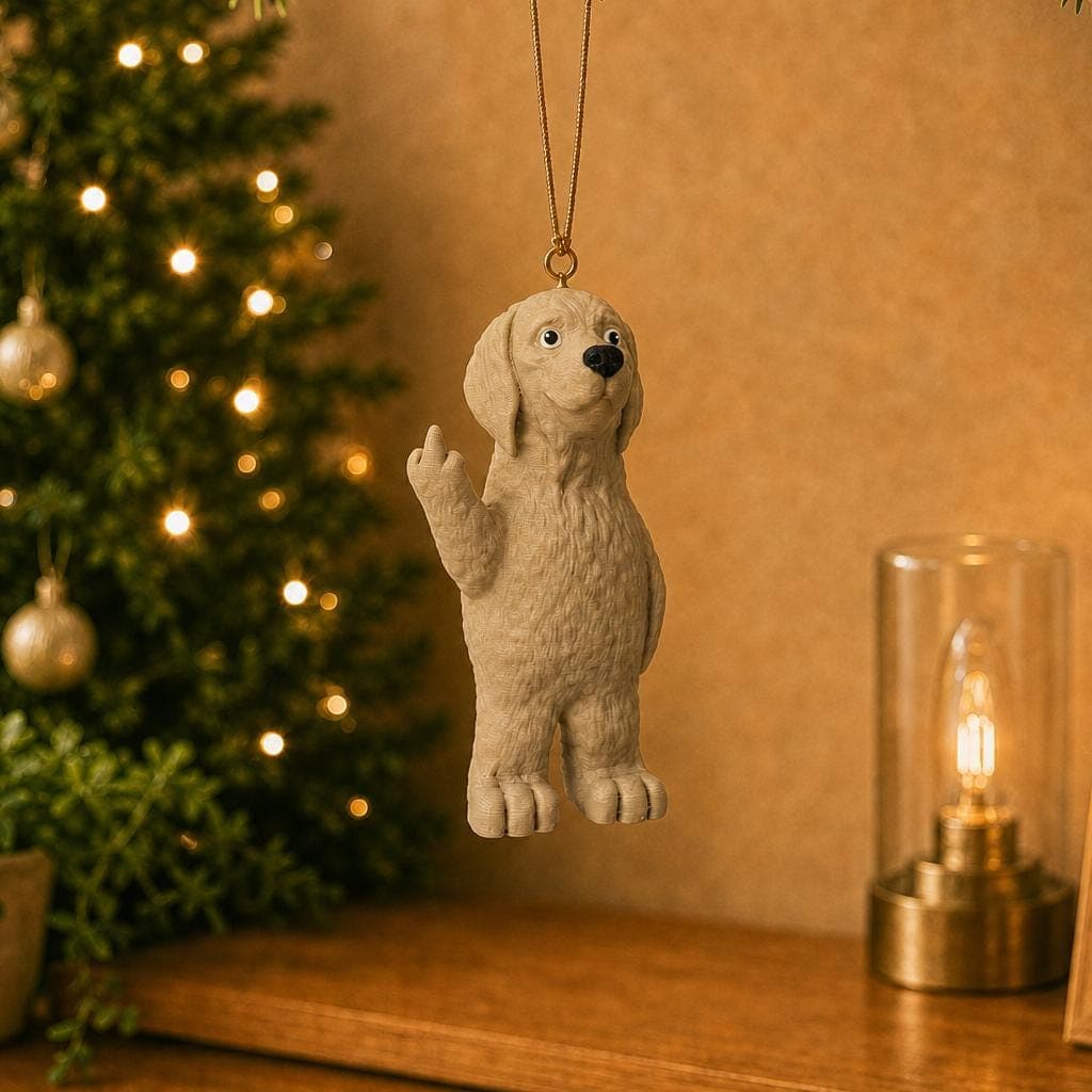 Funny Golden Retriever Christmas ornament hanging beside a decorated tree and warm lamp, with cream fur and a raised middle-finger gesture.