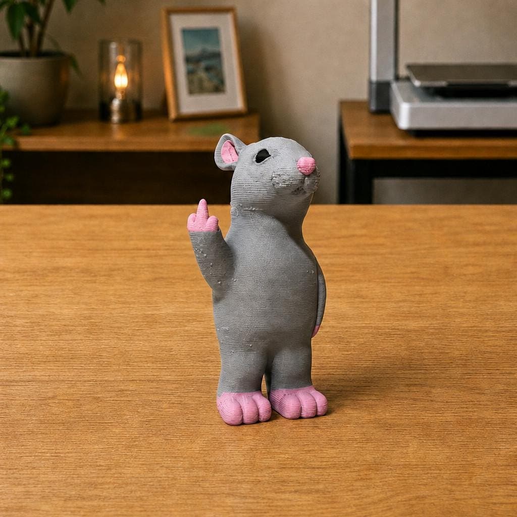 Funny grey rat figurine with a pointed snout, pink nose, ears and feet, shown from the front making a cheeky raised middle-finger gesture.