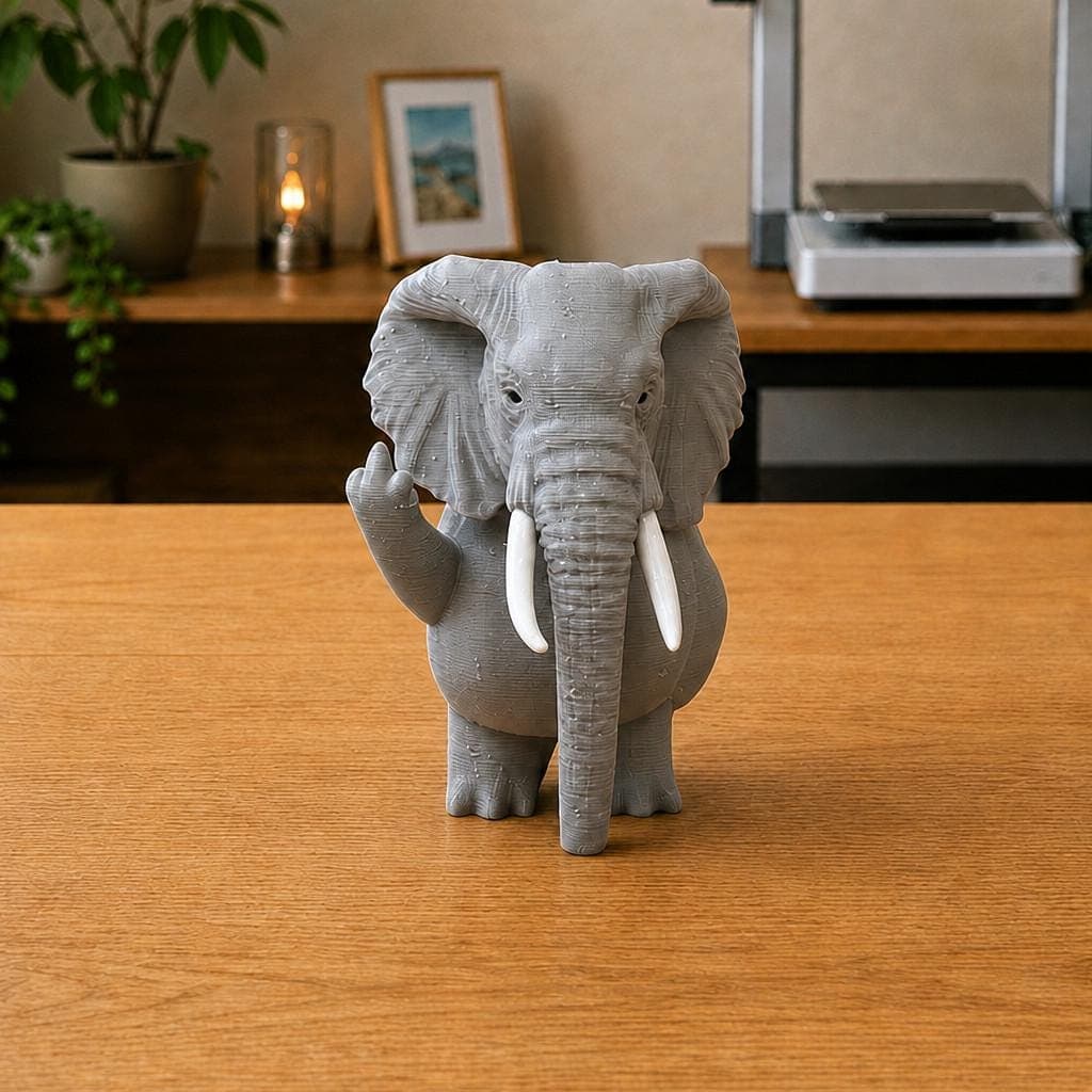 Funny grey elephant figurine with large ears, long trunk and white tusks, shown from the front making a cheeky raised middle-finger gesture.