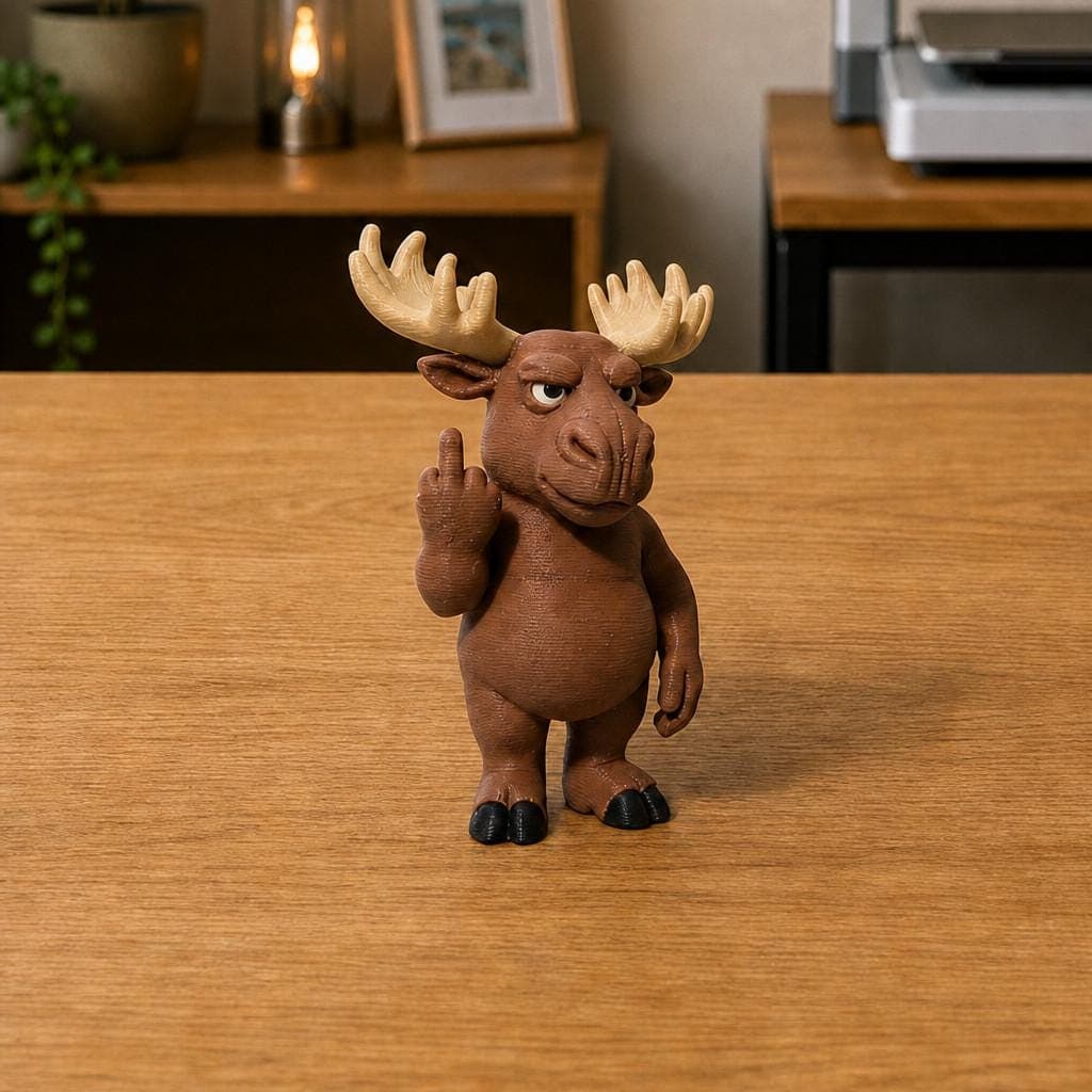 Funny brown moose figurine with large cream antlers and black hooves, shown from the front making a cheeky raised middle-finger gesture.