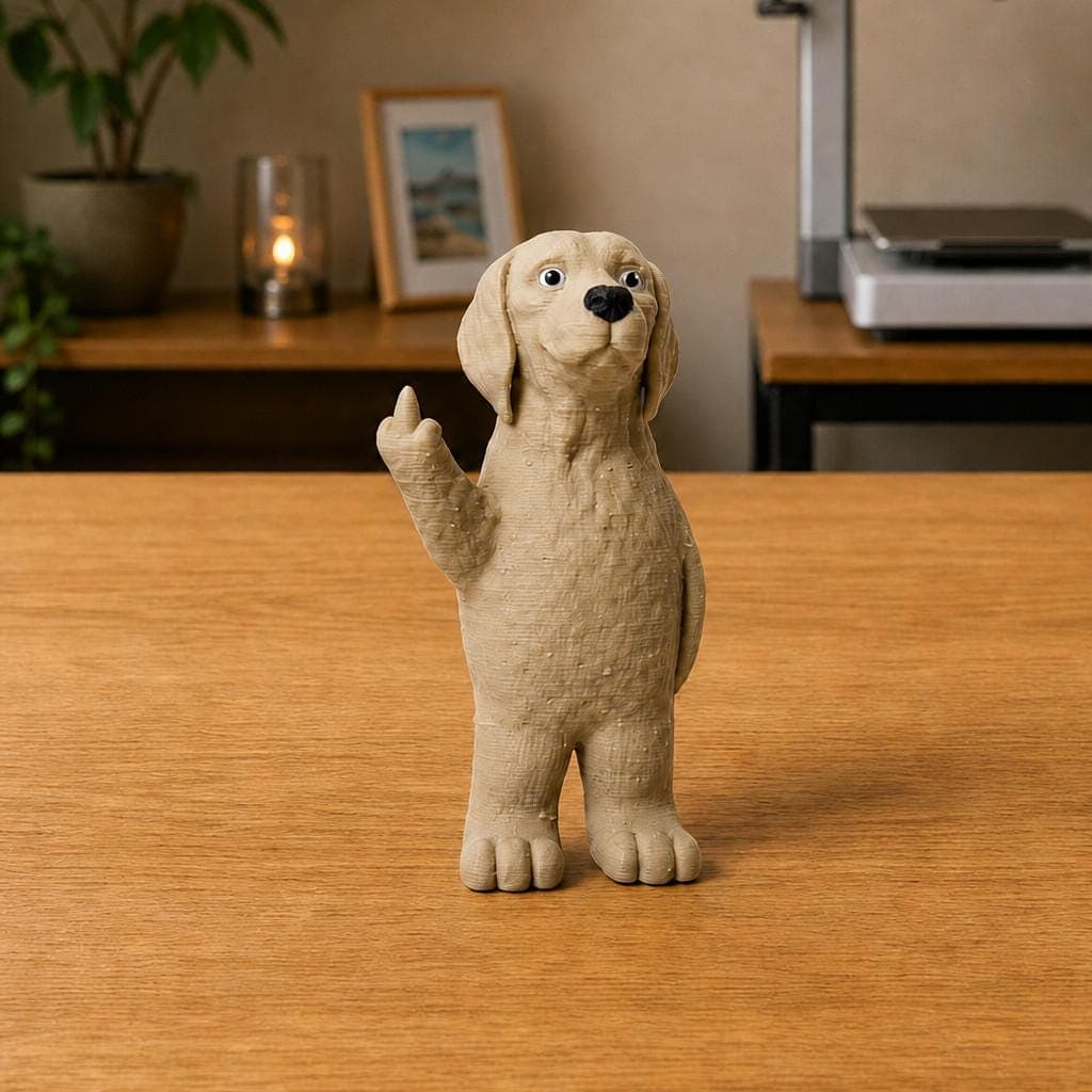 Funny Golden Retriever figurine with cream textured fur and floppy ears, shown from the front making a cheeky raised middle-finger gesture.