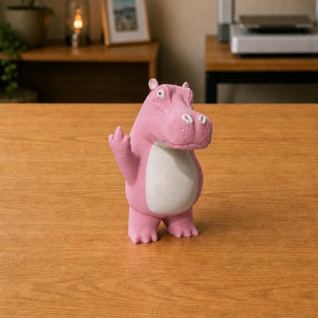 Funny pink hippopotamus figurine with a rounded snout, small ears and white belly, shown from the front making a cheeky raised middle-finger gesture.