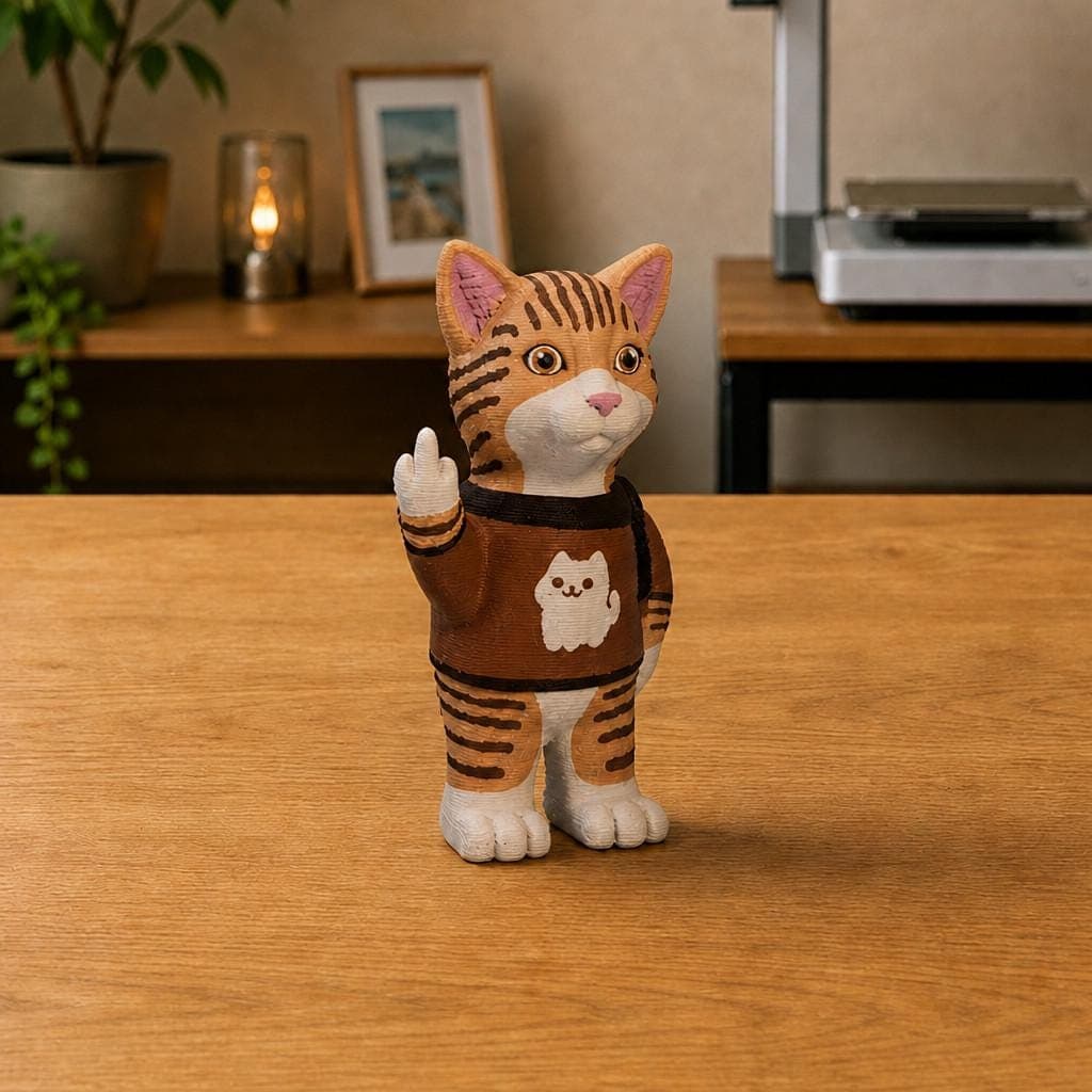 Funny tabby cat figurine wearing a brown T-shirt with a white cat graphic, shown from the front making a cheeky raised middle-finger gesture.