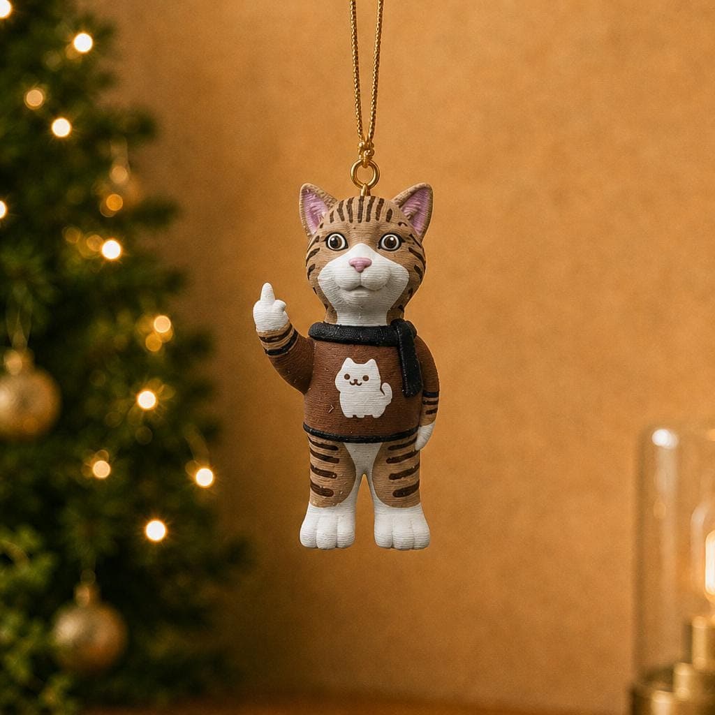Funny tabby cat ornament hanging beside a decorated Christmas tree and warm lamp, wearing a brown graphic shirt and raising its middle finger.