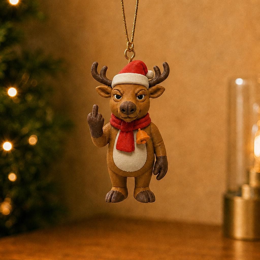 Funny Christmas reindeer ornament hanging beside a decorated tree and warm lamp, wearing a red Santa hat and scarf with a raised middle finger.