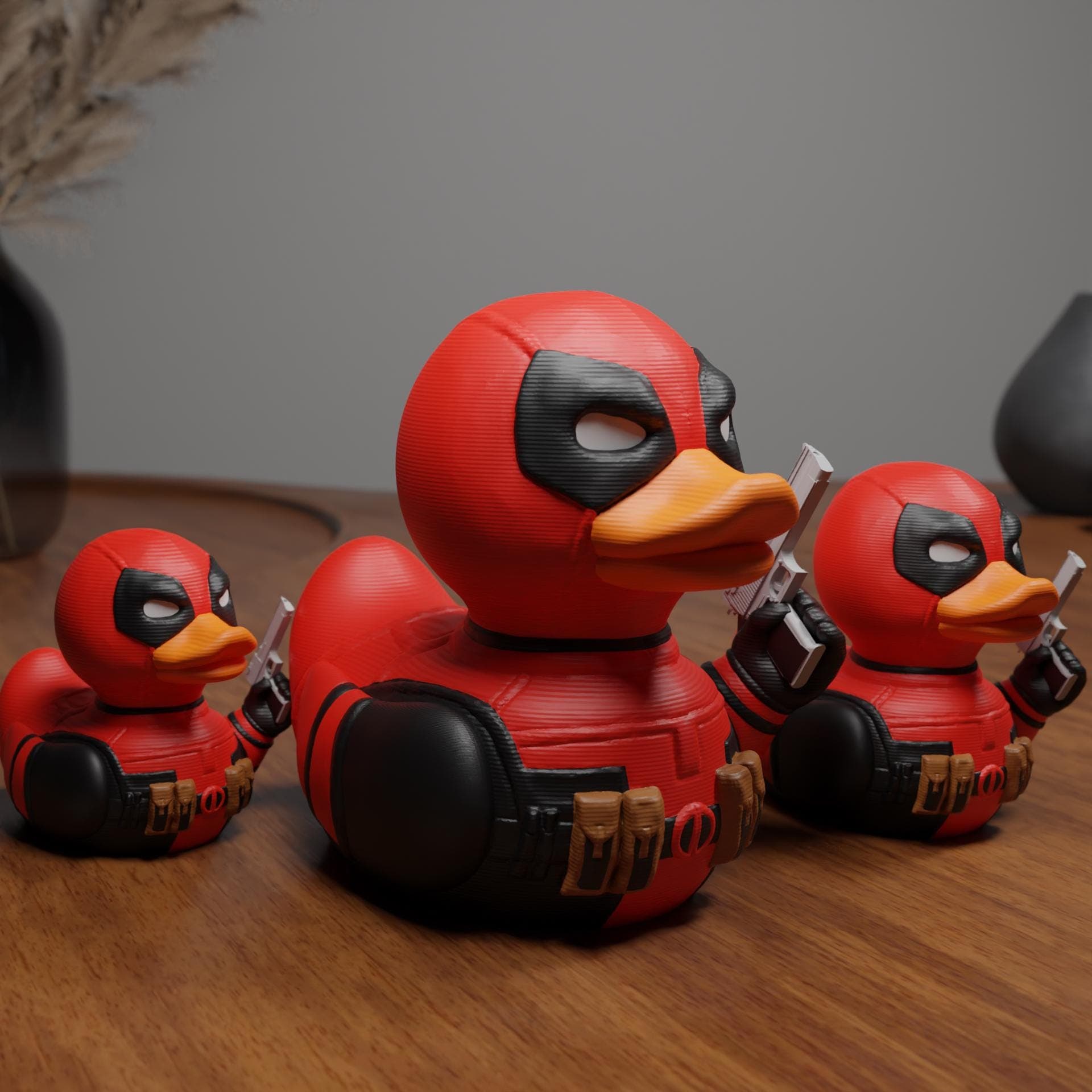 Deadpool Duck figurine in small, medium, and large sizes (4 cm, 7 cm, 10 cm), funny superhero desk decor, comic book shelf ornament, rubber duck alternative, 3D printed, pop culture gift, home or office decoration