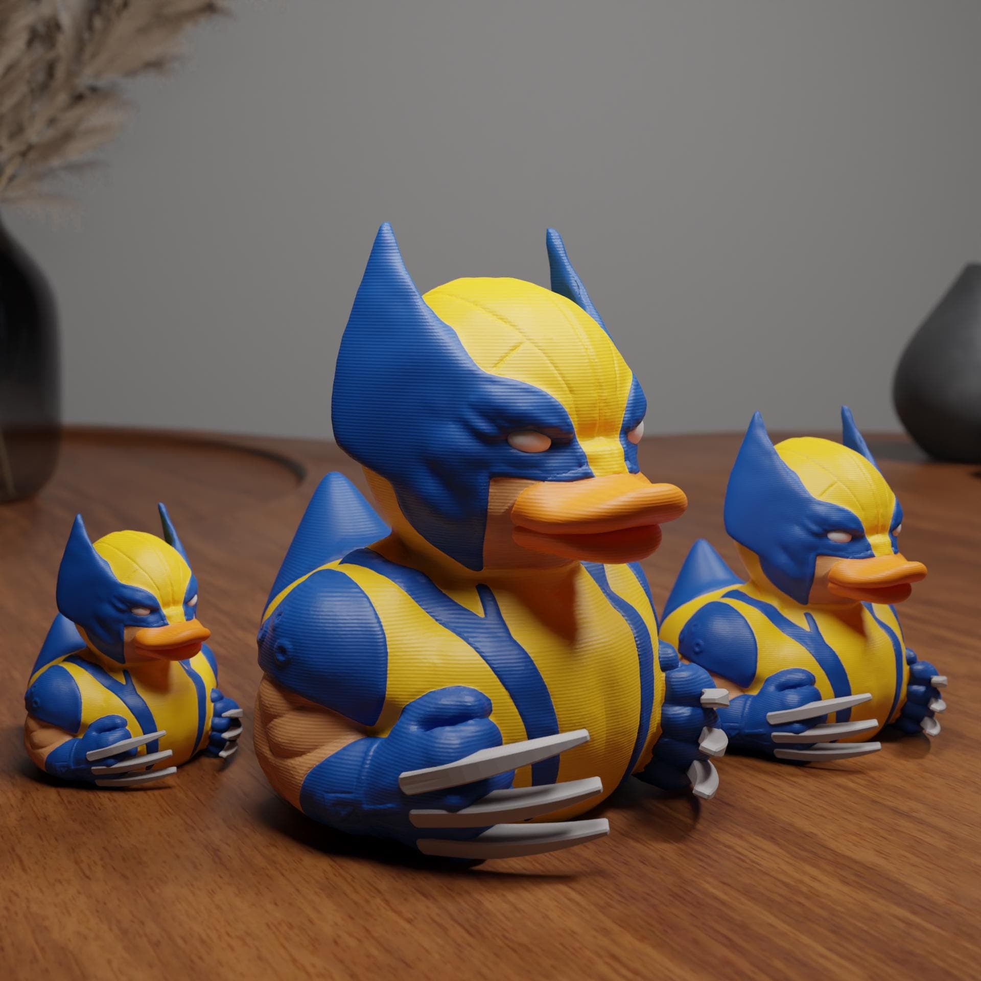 Wolverine Duck figurine in small, medium, and large sizes (4.2 cm, 7 cm, 11 cm), funny superhero comic desk decor, rubber duck alternative, 3D printed plastic, gift for Marvel fans, home or office shelf ornament