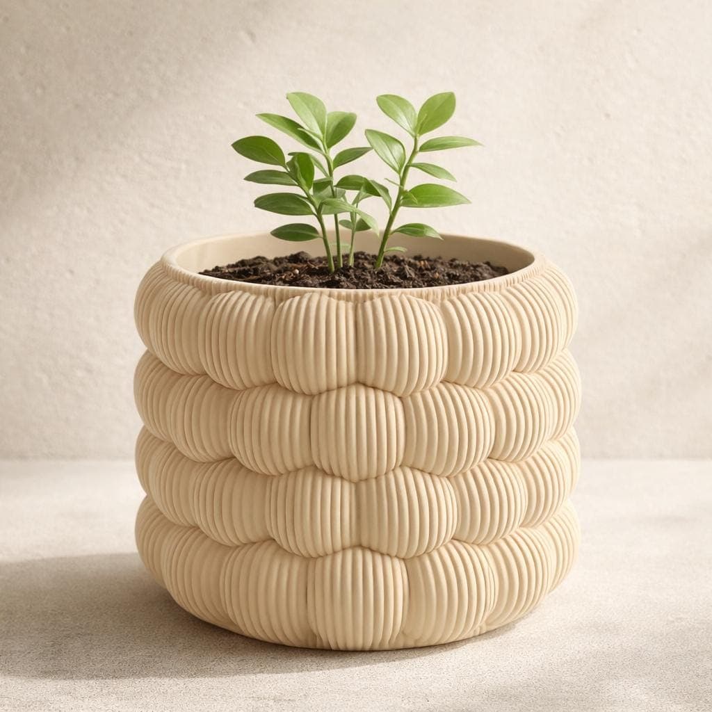 Beige Textured Plant Pot – 3D Printed Sculptural Planter – Modern Minimal Indoor Flower Pot – Contemporary Matte Home Decor