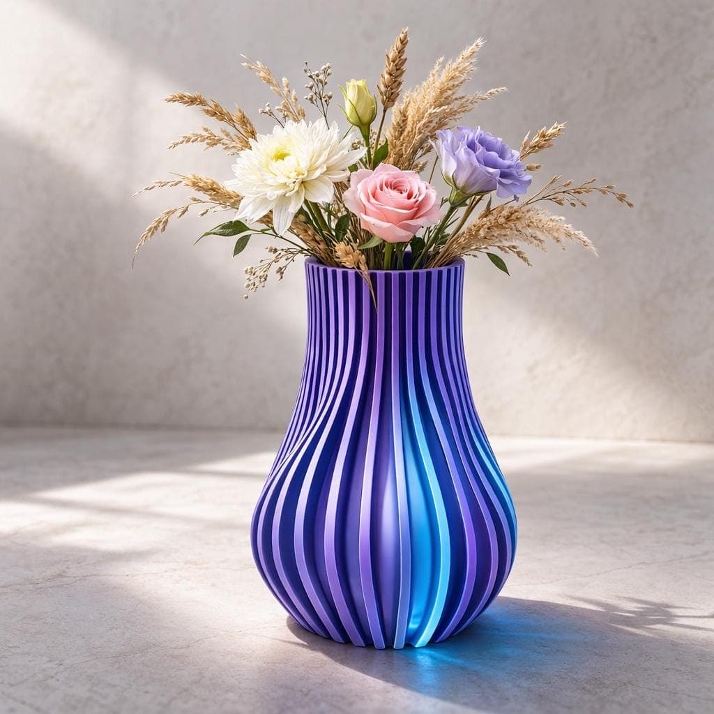 Purple Blue Gradient Sculptural Vase – Modern 3D Printed Ribbed Flower Vase – Contemporary Statement Home Decor