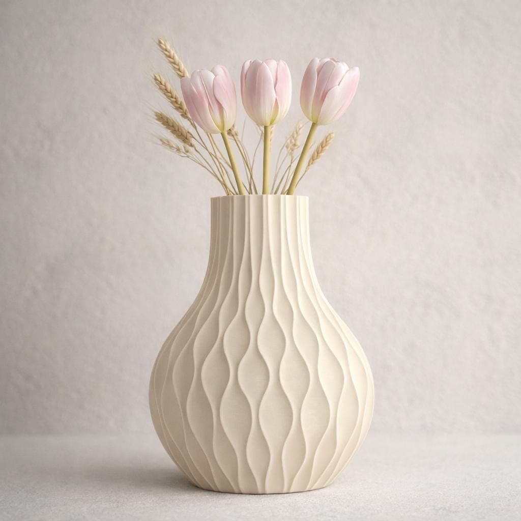 Beige Wavy Sculptural Vase – Modern 3D Printed Flower Vase – Minimalist Japandi Home Decor – Matte Designer Vase