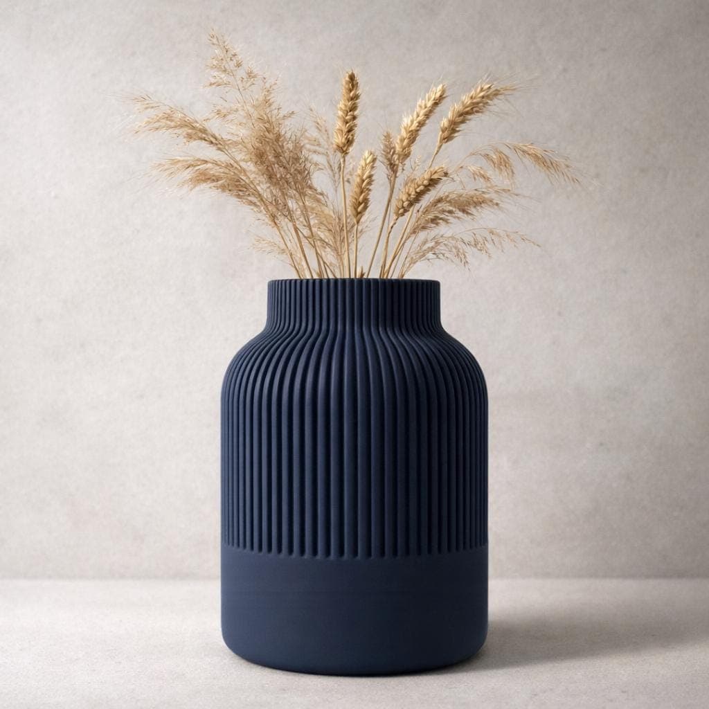 Modern Navy Ribbed Vase – 3D Printed Sculptural Flower Vase – Contemporary Minimalist Home Decor