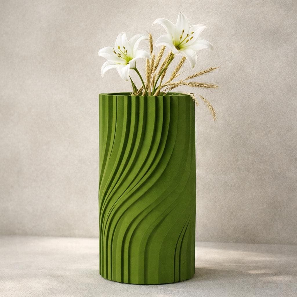 Green Sculptural Cylinder Vase – Modern 3D Printed Designer Vase – Contemporary Statement Flower Vase – Matte Home Decor