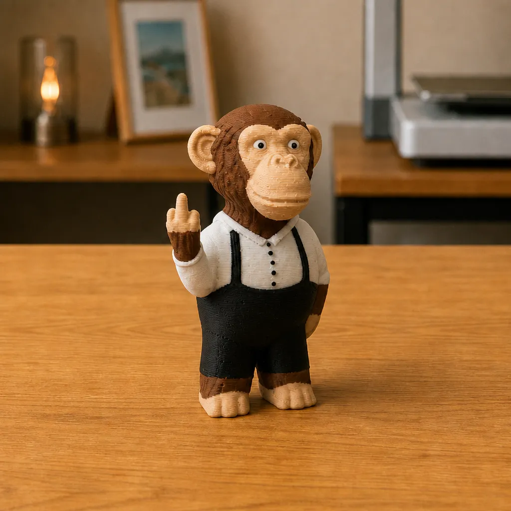 Aapfiguur met attitude, middelvinger voor je bureau
